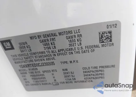 2012 GMC Acadia Denali из США, поврежденный, VIN 1GKKRTED0CJ239305